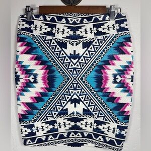 Xhilaration Western Print Blue and‎ Pink Textured Bodycon Skirt Size Medium